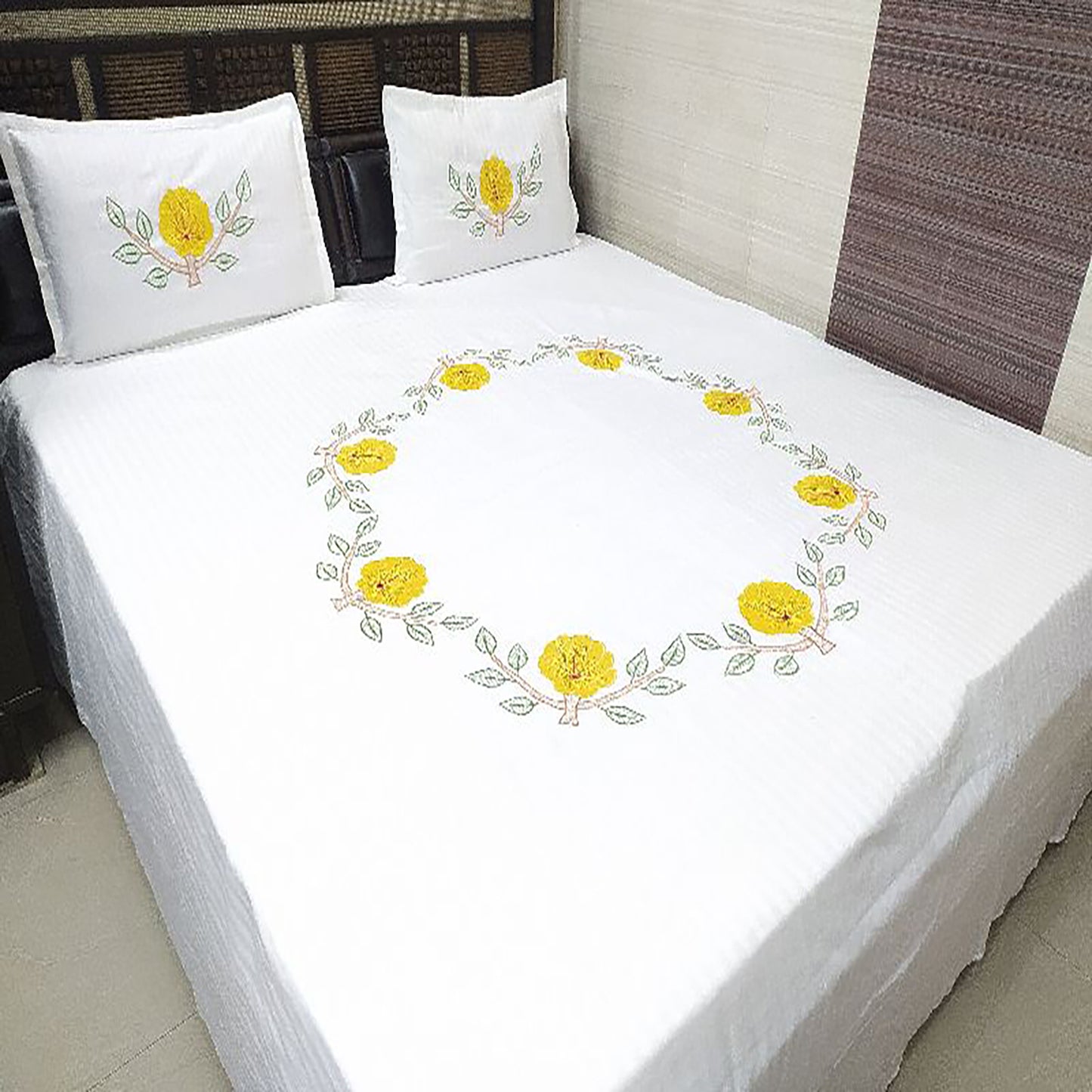 Hand-Embroidered King-Size Cotton Bedsheet with Pillow Covers