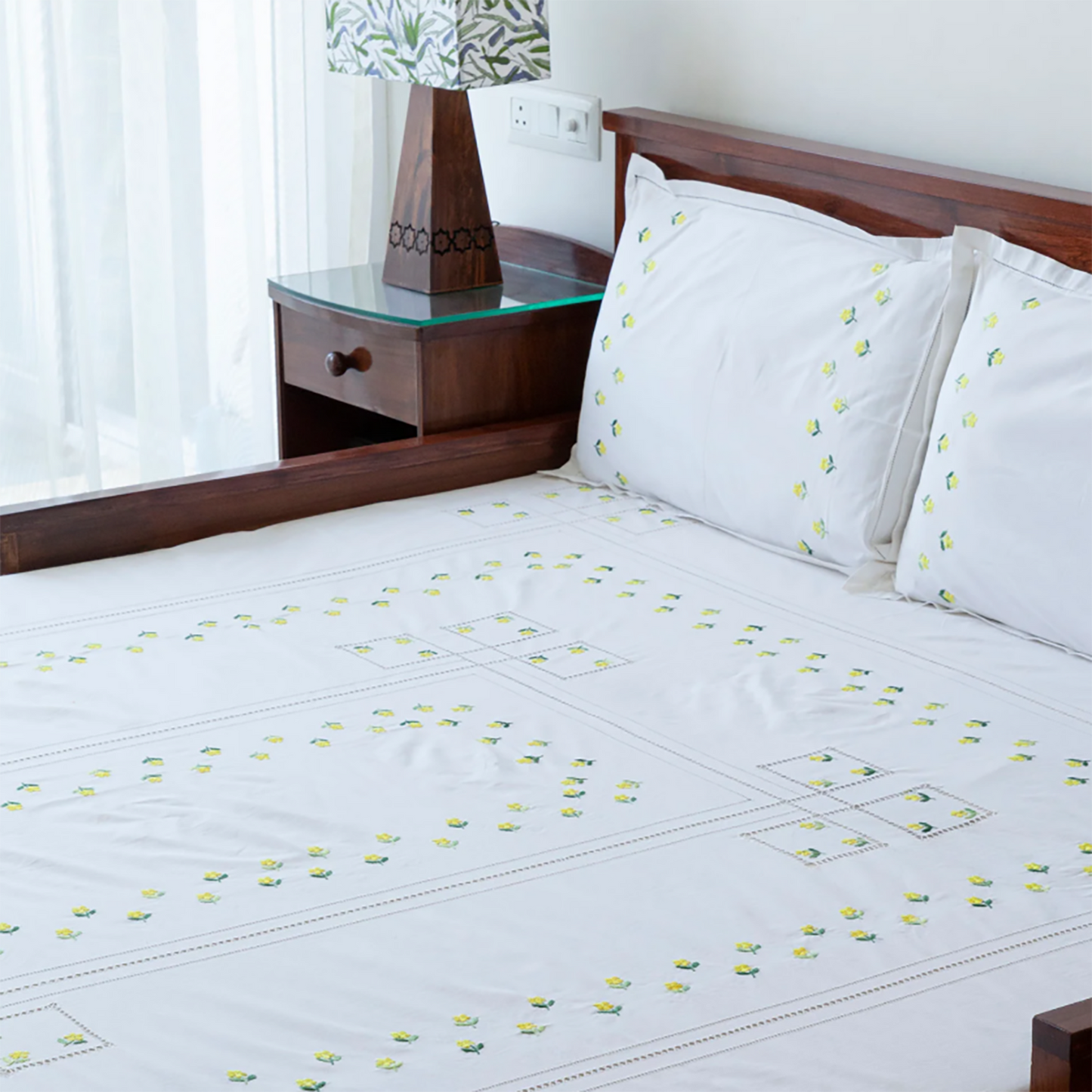 Hand-Embroidered King-Size Cotton Bedsheet with Pillow Covers