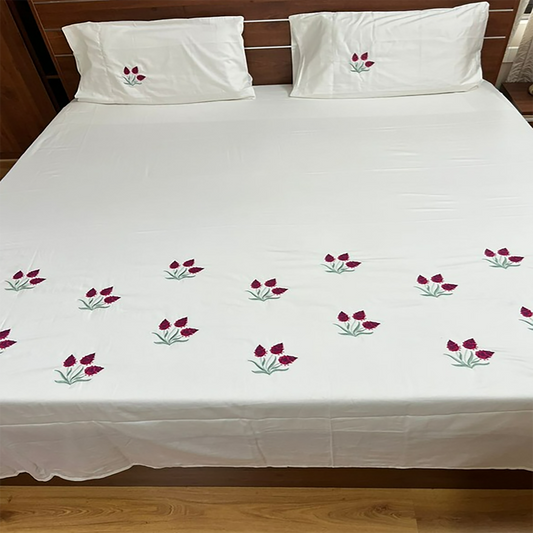 Premium Satin Embroidered Super King-Size Bedsheet with Pillow Covers