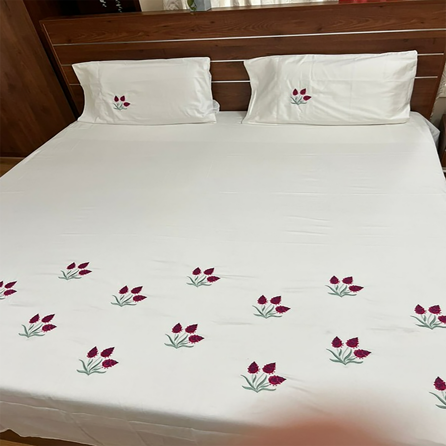 Premium Satin Embroidered Super King-Size Bedsheet with Pillow Covers